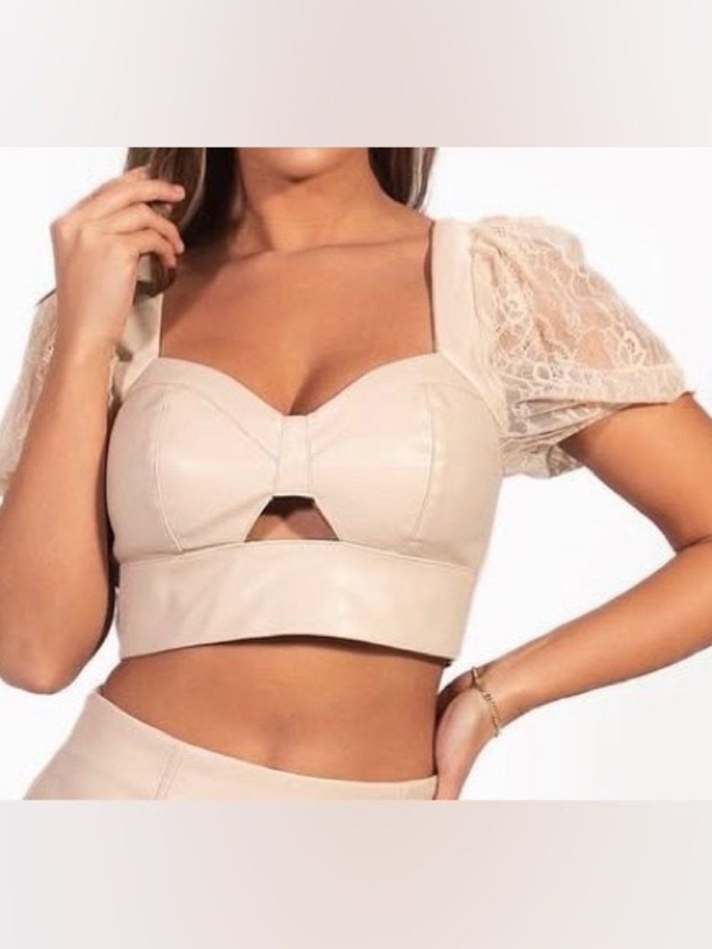 NWT lace Puff Sleeve Cropped Bustier Top in Cream
